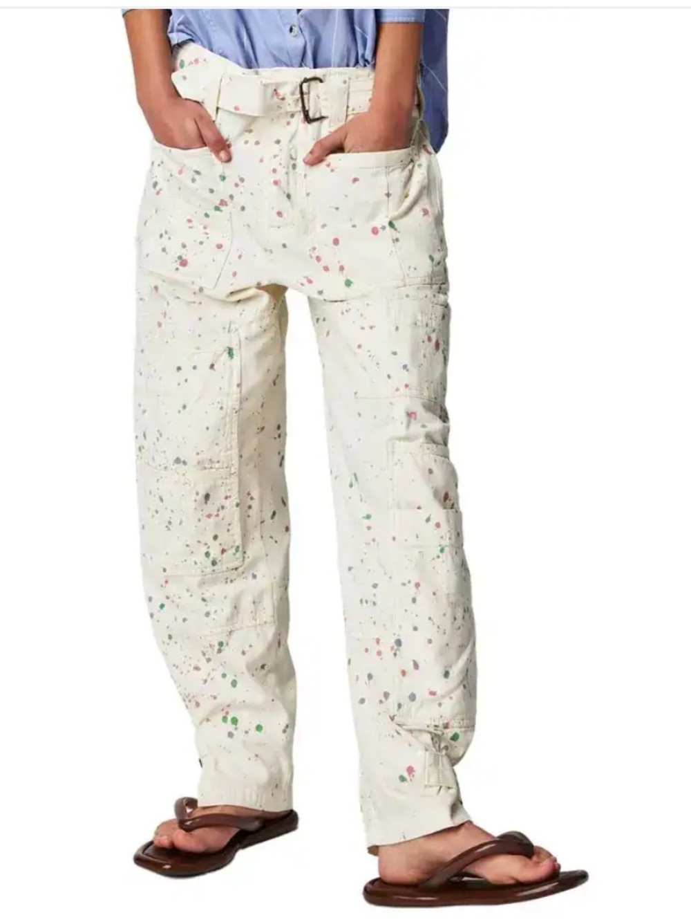 Free People belted painter pants Cream High-Rise Wide-Leg chore loose 12